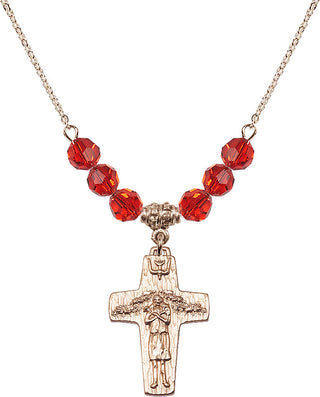 18" Hamilton Gold Plated Necklace with 4mm Ruby Crystal Beads featuring a 14kt Gold Filled Papal Crucifix Medal.