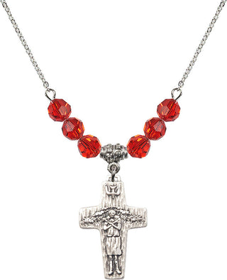18" Rhodium Plated Necklace with 4mm Ruby Crystal Beads featuring a Sterling Silver Papal Crucifix Medal.