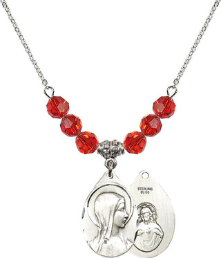 18" Rhodium Plated Necklace with 4mm Ruby Crystal Beads featuring a Sterling Silver Sorrowful Mother Medal.