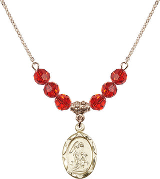18" Hamilton Gold Plated Necklace with 4mm Ruby Crystal Beads featuring a 14kt Gold Filled Guardian Angel Medal. Engraved Catholic Saint Jewelry
