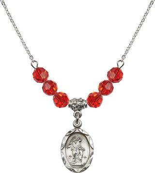18" Rhodium Plated Necklace with 4mm Ruby Crystal Beads featuring a Sterling Silver Guardian Angel Medal. Engraved Catholic Saint Jewelry
