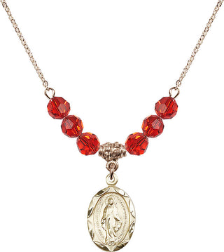 18" Hamilton Gold Plated Necklace with 4mm Ruby Crystal Beads featuring a 14kt Gold Filled Miraculous Medal.