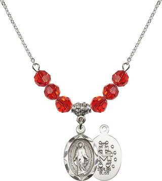 18" Rhodium Plated Necklace with 4mm Ruby Crystal Beads featuring a Sterling Silver Miraculous Medal.