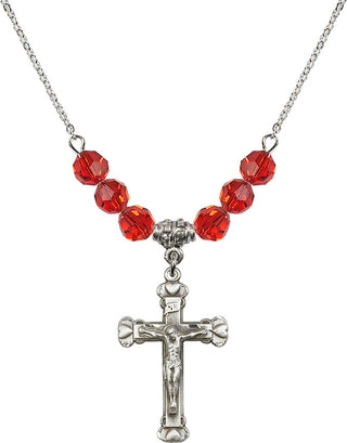18" Rhodium Plated Necklace with 4mm Ruby Crystal Beads featuring a Sterling Silver Crucifix Medal.