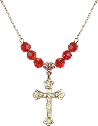 18" Hamilton Gold Plated Necklace with 4mm Ruby Crystal Beads featuring a 14kt Gold Filled Crucifix Medal.