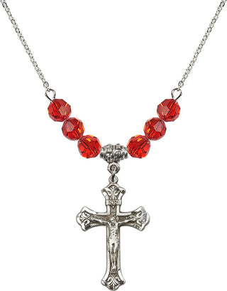18" Rhodium Plated Necklace with 4mm Ruby Crystal Beads featuring a Sterling Silver Crucifix Medal.