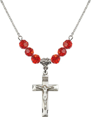 18" Rhodium Plated Necklace with 4mm Ruby Crystal Beads featuring a Sterling Silver Crucifix Medal.