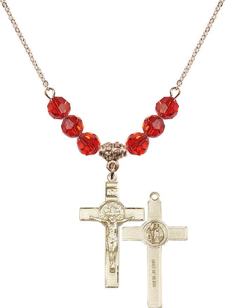 18" Hamilton Gold Plated Necklace with 4mm Ruby Crystal Beads featuring a 14kt Gold Filled Saint Benedict Crucifix Medal.