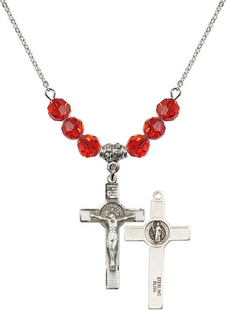 18" Rhodium Plated Necklace with 4mm Ruby Crystal Beads featuring a Sterling Silver Saint Benedict Crucifix Medal.