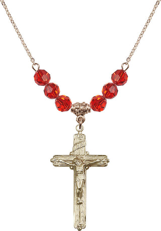 18" Hamilton Gold Plated Necklace with 4mm Ruby Crystal Beads featuring a 14kt Gold Filled Crucifix Medal.
