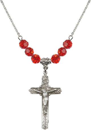 18" Rhodium Plated Necklace with 4mm Ruby Crystal Beads featuring a Sterling Silver Crucifix Medal.