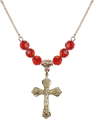 18" Hamilton Gold Plated Necklace with 4mm Ruby Crystal Beads featuring a 14kt Gold Filled Crucifix Medal.