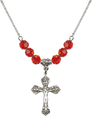18" Rhodium Plated Necklace with 4mm Ruby Crystal Beads featuring a Sterling Silver Crucifix Medal.