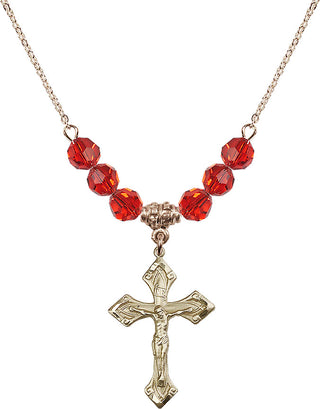 18" Hamilton Gold Plated Necklace with 4mm Ruby Crystal Beads featuring a 14kt Gold Filled Crucifix Medal.