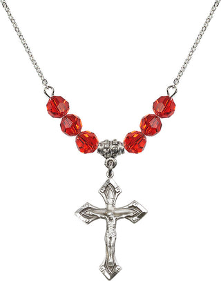 18" Rhodium Plated Necklace with 4mm Ruby Crystal Beads featuring a Sterling Silver Crucifix Medal.