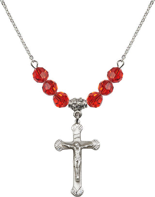 18" Rhodium Plated Necklace with 4mm Ruby Crystal Beads featuring a Sterling Silver Crucifix Medal.