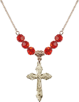 18" Hamilton Gold Plated Necklace with 4mm Ruby Crystal Beads featuring a 14kt Gold Filled Crucifix Medal.