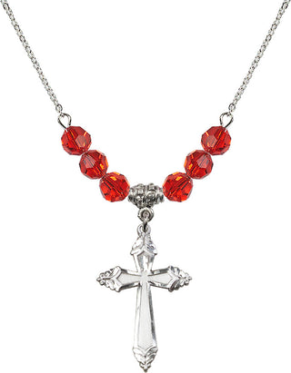 18" Rhodium Plated Necklace with 4mm Ruby Crystal Beads featuring a Sterling Silver Cross Medal.