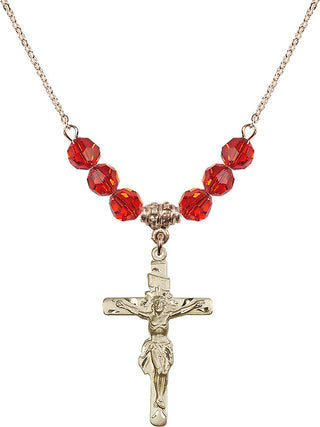 18" Hamilton Gold Plated Necklace with 4mm Ruby Crystal Beads featuring a 14kt Gold Filled Crucifix Medal.