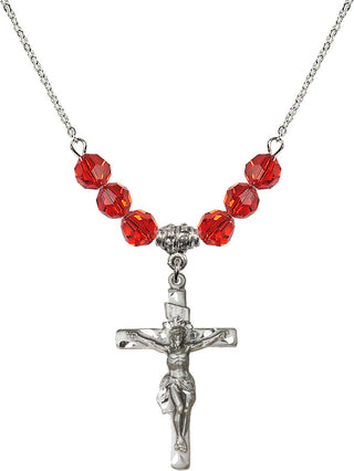 18" Rhodium Plated Necklace with 4mm Ruby Crystal Beads featuring a Sterling Silver Crucifix Medal.