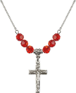 18" Rhodium Plated Necklace with 4mm Ruby Crystal Beads featuring a Sterling Silver Crucifix Medal.