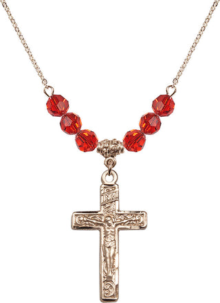 18" Hamilton Gold Plated Necklace with 4mm Ruby Crystal Beads featuring a 14kt Gold Filled Crucifix Medal.