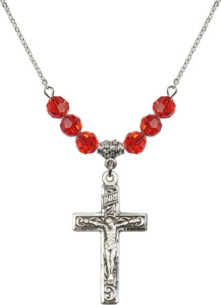 18" Rhodium Plated Necklace with 4mm Ruby Crystal Beads featuring a Sterling Silver Crucifix Medal.