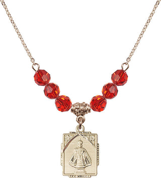 18" Hamilton Gold Plated Necklace with 4mm Ruby Crystal Beads featuring a 14kt Gold Filled Infant of Prague Medal. Engraved Catholic Saint Jewelry
