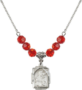 18" Rhodium Plated Necklace with 4mm Ruby Crystal Beads featuring a Sterling Silver Saint Joseph Medal. Engraved Catholic Saint Jewelry
