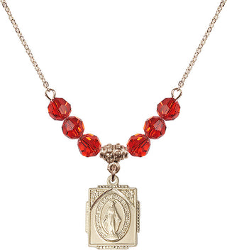 18" Hamilton Gold Plated Necklace with 4mm Ruby Crystal Beads featuring a 14kt Gold Filled Miraculous Medal. Engraved Catholic Saint Jewelry