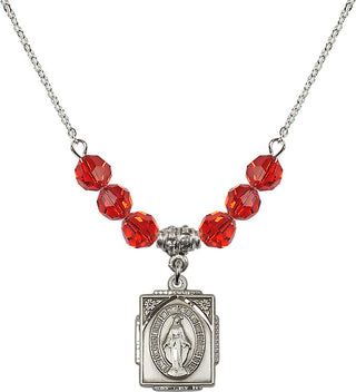 18" Rhodium Plated Necklace with 4mm Ruby Crystal Beads featuring a Sterling Silver Miraculous Medal. Engraved Catholic Saint Jewelry