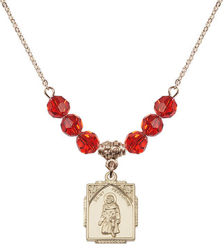 18" Hamilton Gold Plated Necklace with 4mm Ruby Crystal Beads featuring a 14kt Gold Filled Saint Peregrine Medal. Engraved Catholic Saint Jewelry
