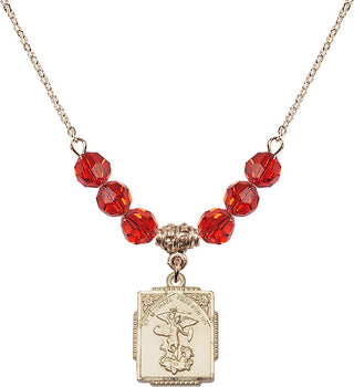 18" Hamilton Gold Plated Necklace with 4mm Ruby Crystal Beads featuring a 14kt Gold Filled Saint Michael the Archangel Medal. Engraved Catholic Saint Jewelry