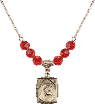 18" Hamilton Gold Plated Necklace with 4mm Ruby Crystal Beads featuring a 14kt Gold Filled Saint Teresa of Calcutta Medal. Engraved Catholic Saint Jewelry