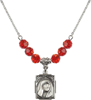 18" Rhodium Plated Necklace with 4mm Ruby Crystal Beads featuring a Sterling Silver Saint Teresa of Calcutta Medal. Engraved Catholic Saint Jewelry