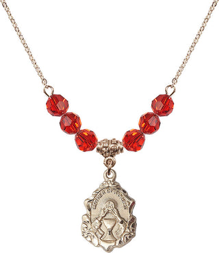 18" Hamilton Gold Plated Necklace with 4mm Ruby Crystal Beads featuring a 14kt Gold Filled Mother of a Priest Medal. Engraved Catholic Saint Jewelry