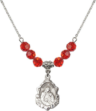 18" Rhodium Plated Necklace with 4mm Ruby Crystal Beads featuring a Sterling Silver Saint Ann Medal. Engraved Catholic Saint Jewelry
