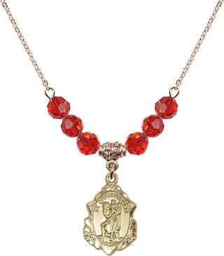 18" Hamilton Gold Plated Necklace with 4mm Ruby Crystal Beads featuring a 14kt Gold Filled Saint Christopher Medal. Engraved Catholic Saint Jewelry