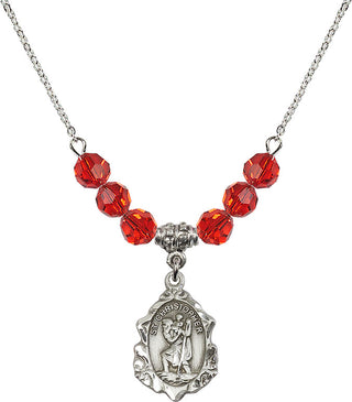 18" Rhodium Plated Necklace with 4mm Ruby Crystal Beads featuring a Sterling Silver Saint Christopher Medal. Engraved Catholic Saint Jewelry
