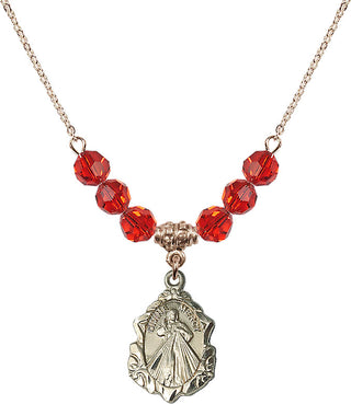 18" Hamilton Gold Plated Necklace with 4mm Ruby Crystal Beads featuring a 14kt Gold Filled Divine Mercy Medal. Engraved Catholic Saint Jewelry