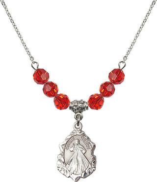18" Rhodium Plated Necklace with 4mm Ruby Crystal Beads featuring a Sterling Silver Divine Mercy Medal. Engraved Catholic Saint Jewelry