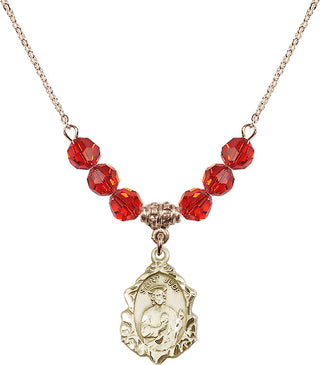 18" Hamilton Gold Plated Necklace with 4mm Ruby Crystal Beads featuring a 14kt Gold Filled Saint Jude Medal. Engraved Catholic Saint Jewelry