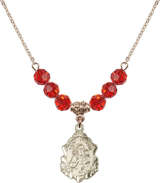 18" Hamilton Gold Plated Necklace with 4mm Ruby Crystal Beads featuring a 14kt Gold Filled Saint Joseph Medal. Engraved Catholic Saint Jewelry