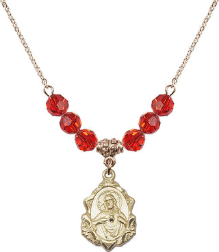 18" Hamilton Gold Plated Necklace with 4mm Ruby Crystal Beads featuring a 14kt Gold Filled Scapular Medal.