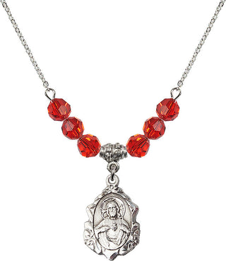 18" Rhodium Plated Necklace with 4mm Ruby Crystal Beads featuring a Sterling Silver Scapular Medal.