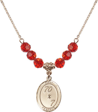 18" Hamilton Gold Plated Necklace with 4mm Ruby Crystal Beads featuring a 14kt Gold Filled First Penance Medal.