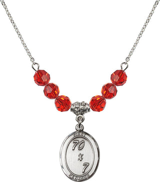 18" Rhodium Plated Necklace with 4mm Ruby Crystal Beads featuring a Sterling Silver First Penance Medal.