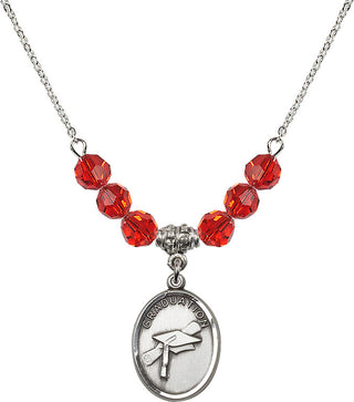 18" Rhodium Plated Necklace with 4mm Ruby Crystal Beads featuring a Sterling Silver Graduation Medal.