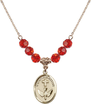 18" Hamilton Gold Plated Necklace with 4mm Ruby Crystal Beads featuring a 14kt Gold Filled Confirmation Medal.