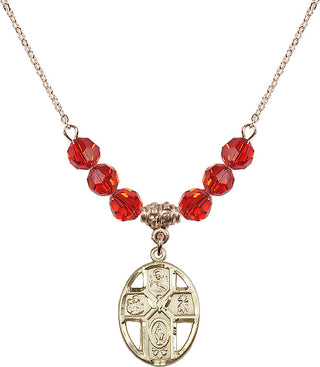 18" Hamilton Gold Plated Necklace with 4mm Ruby Crystal Beads featuring a 14kt Gold Filled 5-Way / Holy Spirit Medal.